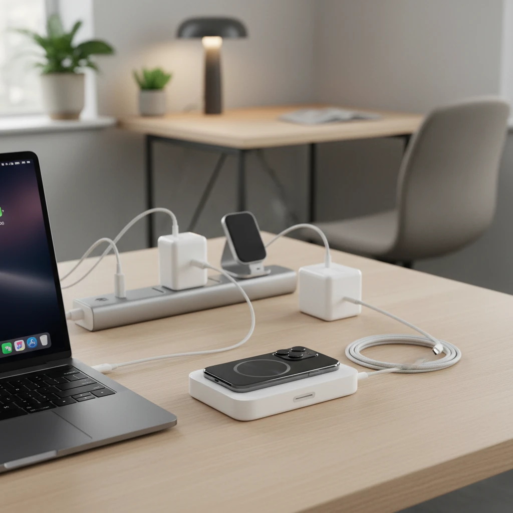 Professional illustration for article about Încărcătoare Apple: Ghidul Esențial pentru Birou