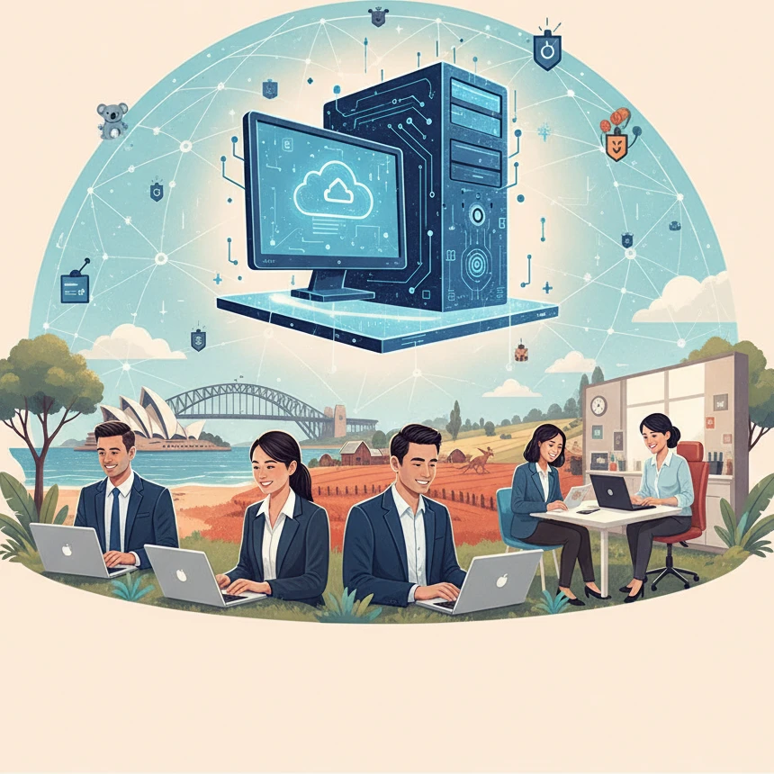 Professional illustration for article about Cloud PCs: Secure Remote Work for Australian SMBs