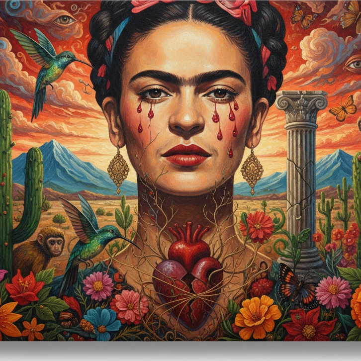 Illustrazione professionale per articolo su Frida Kahlo: Dolore, Passione e il Surrealismo Messicano