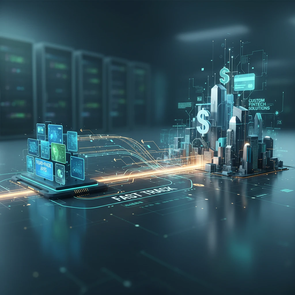 Professional illustration for article about Ready-Made Apps: The Fast Track to Custom Fintech Solutions