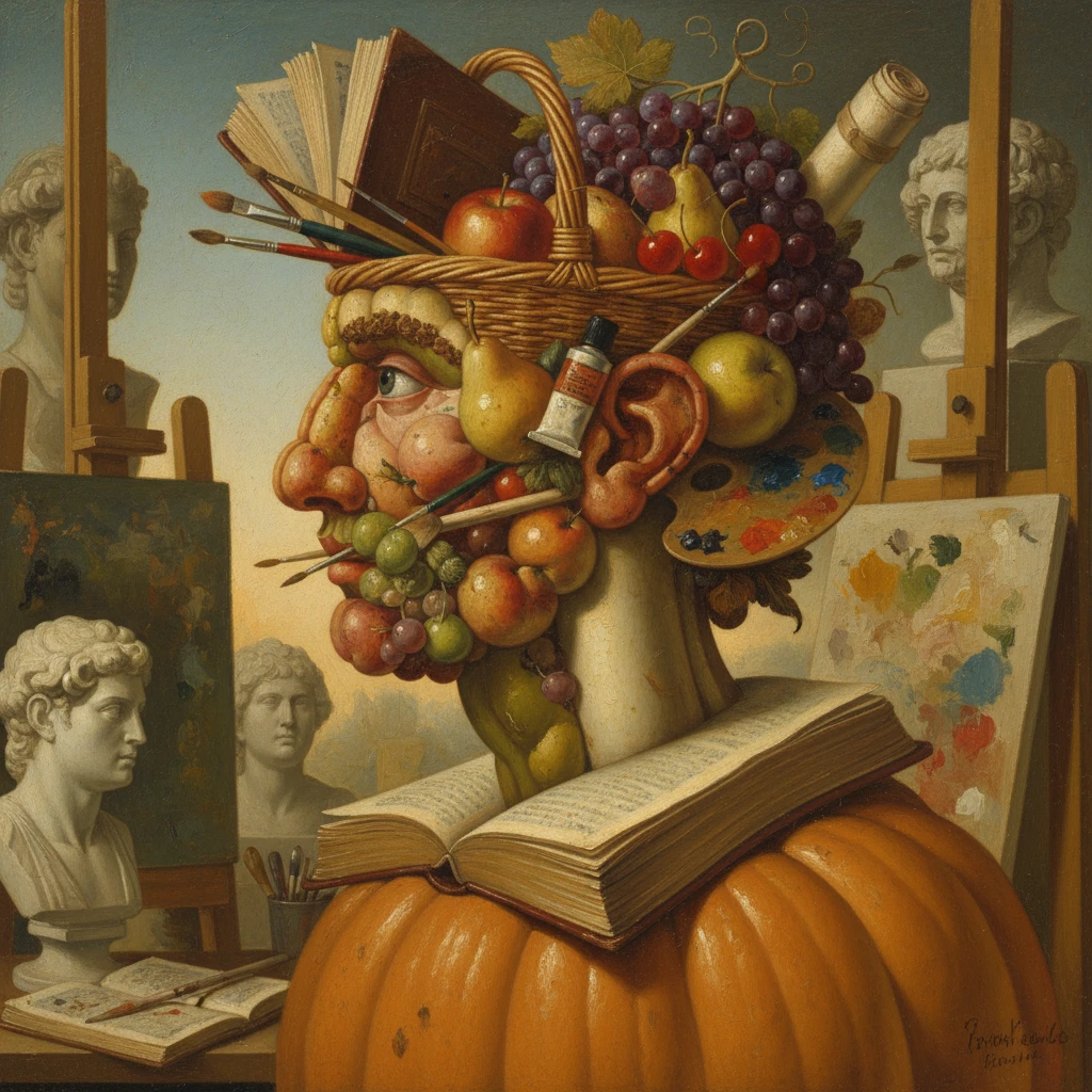 Ilustração profissional para artigo sobre Arcimboldo: Retratos Caprichosos e a Arte da Ilusão