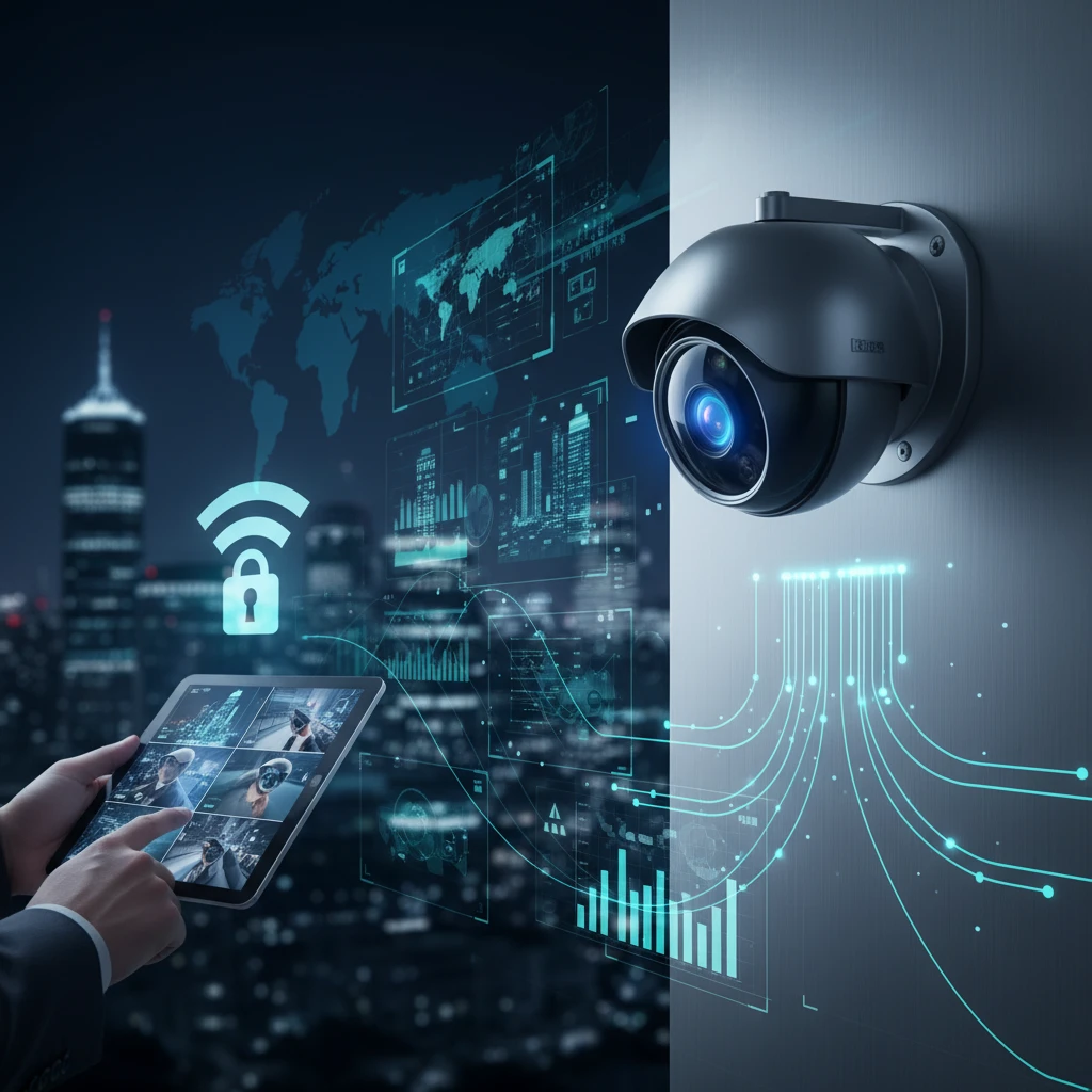 Professional illustration for article about Business Security Cameras: Remote Monitoring for Efficiency