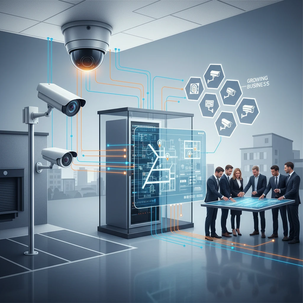 Professional illustration for article about Commercial CCTV: System Design for Growing Businesses