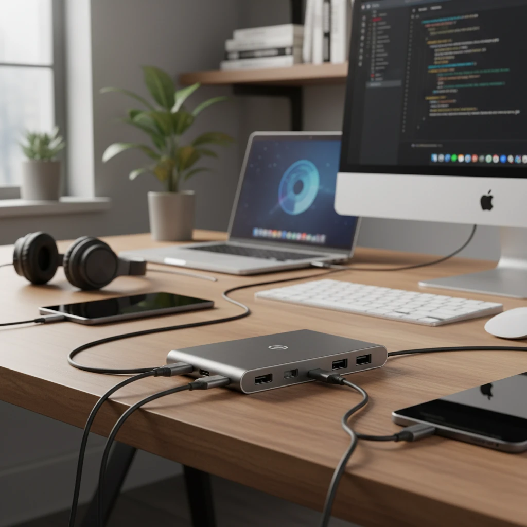 Professional illustration for article about Cum alegi un hub USB-C: Ghid pentru birou și WFH