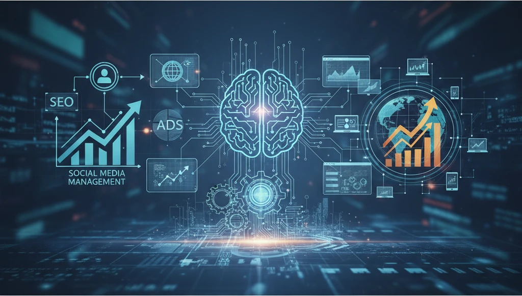 Professional illustration for article about Digital Marketing Tips: Grow Your Business with AI Tools