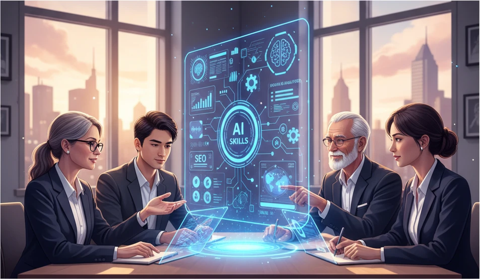 Professional illustration for article about Digital Marketing Training: AI Skills for Business Owners
