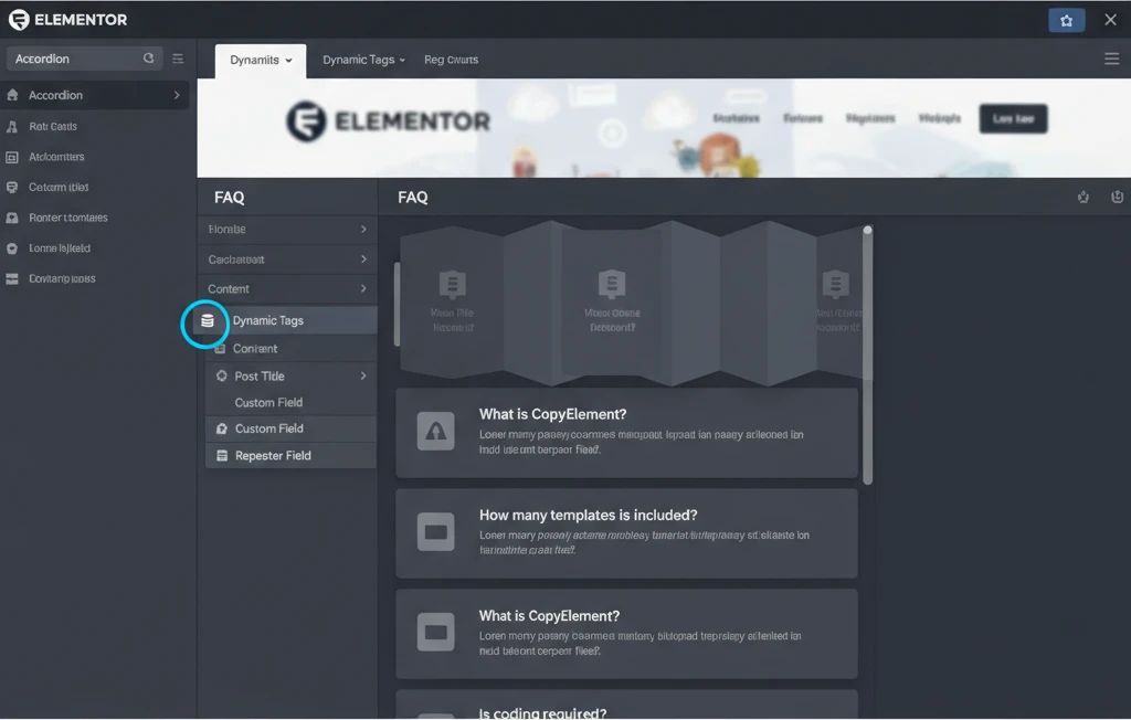 Screenshot of the Elementor interface highlighting the Dynamic Tags feature.