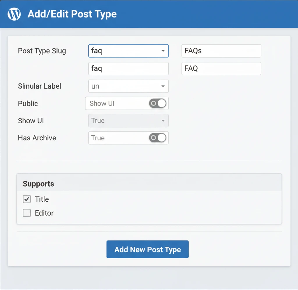 Screenshot of the Custom Post Type UI interface showing the settings for creating an FAQ custom post type.