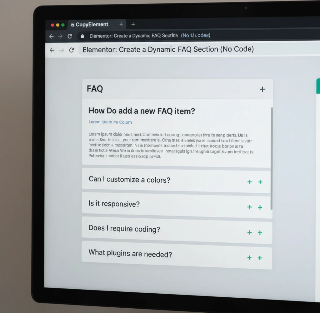 Mockup of a stylish and readable FAQ section designed in Elementor.
