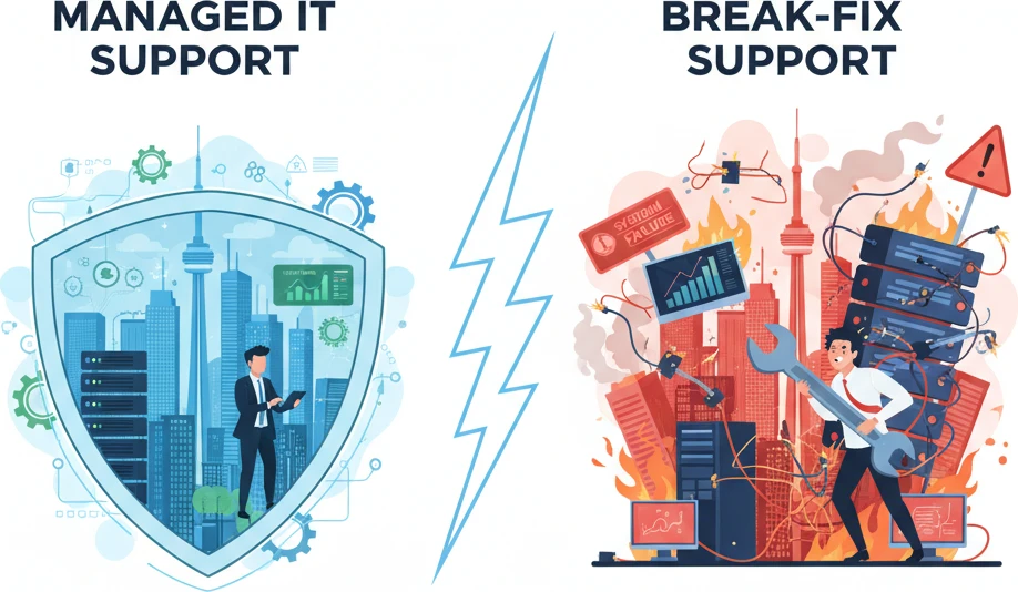 Professional illustration for article about GTA Businesses: Managed IT vs. Break-Fix Support