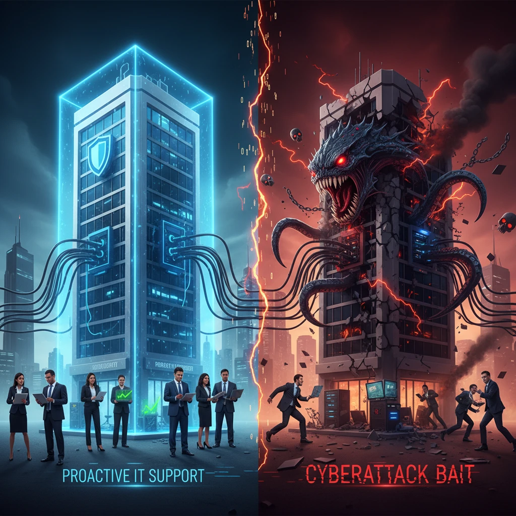 Professional illustration for article about GTA Businesses: Proactive IT Support or Cyberattack Bait?