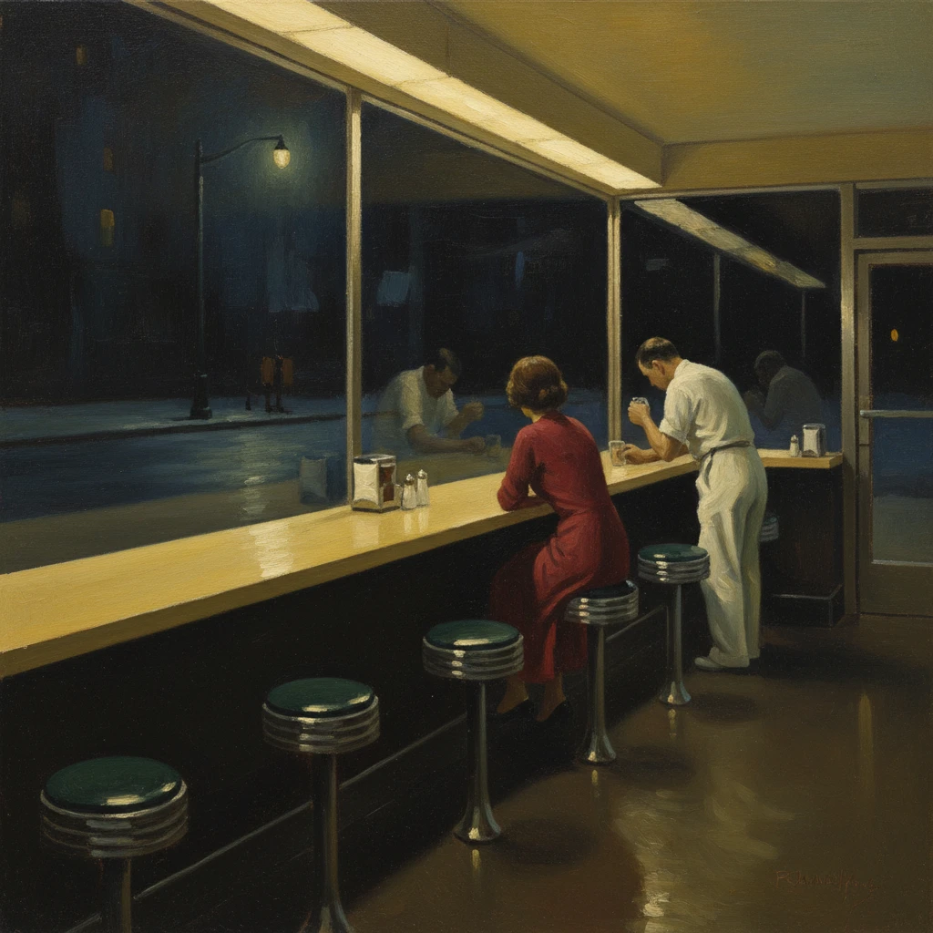 Professional illustration for article about Hopper: O Silêncio e a Solidão na Era Moderna