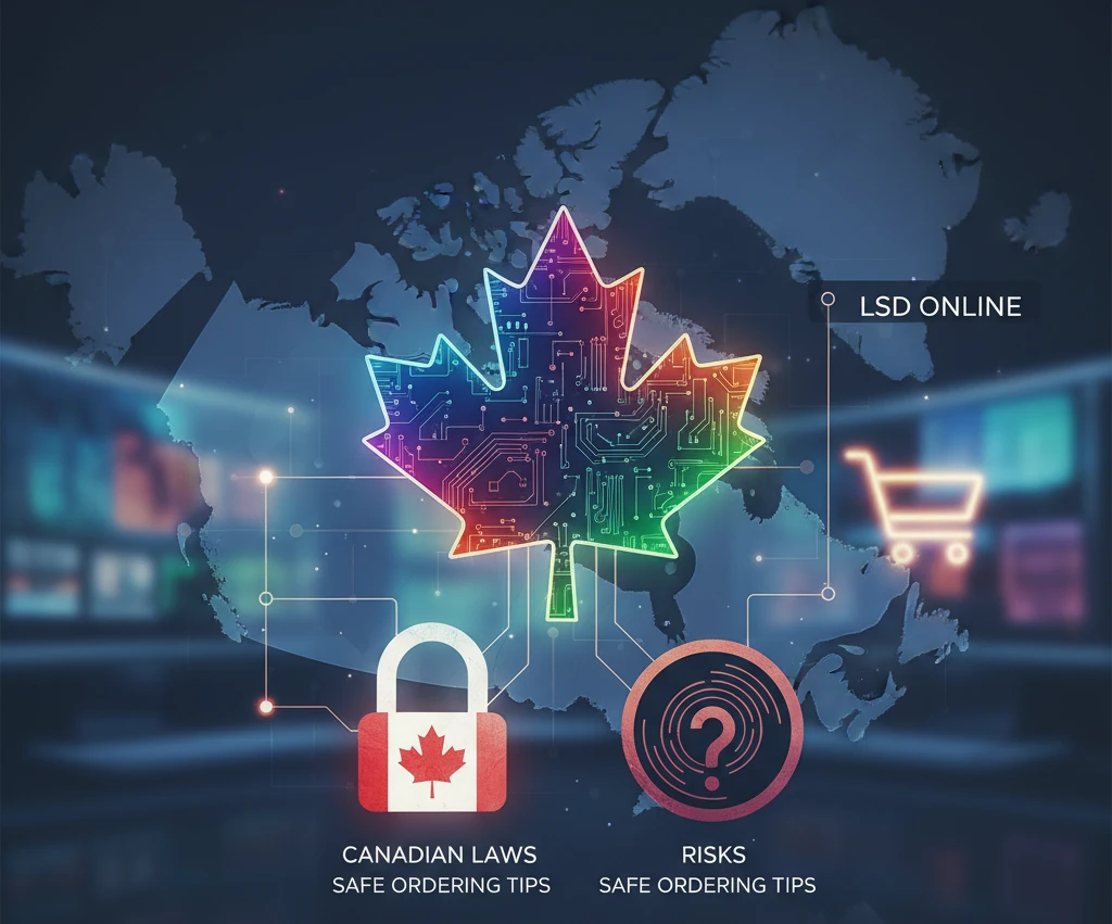 Professional illustration for article about LSD Online: Canadian Laws, Risks, & Safe Ordering Tips
