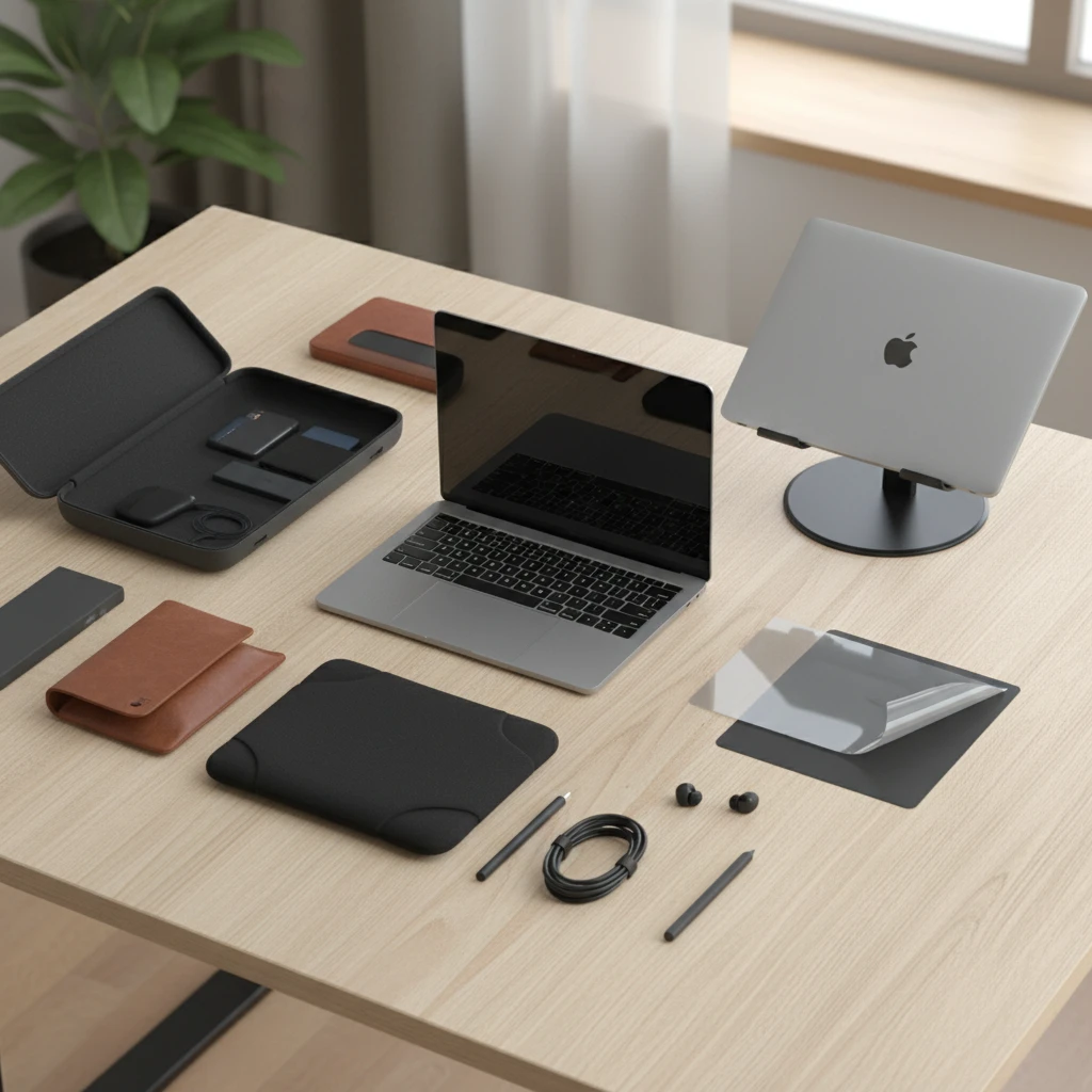 Professional illustration for article about Protejează-ți MacBook-ul: Ghid huse și accesorii