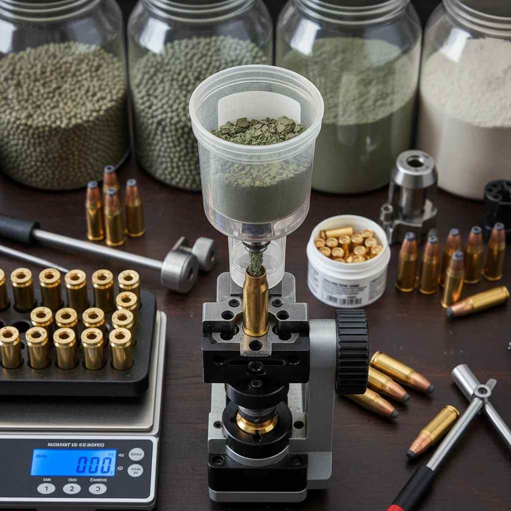 Smokeless Gun Powder: Advanced Reloading Techniques Professional illustration for article about Smokeless Gun Powder: Advanced Reloading Techniques