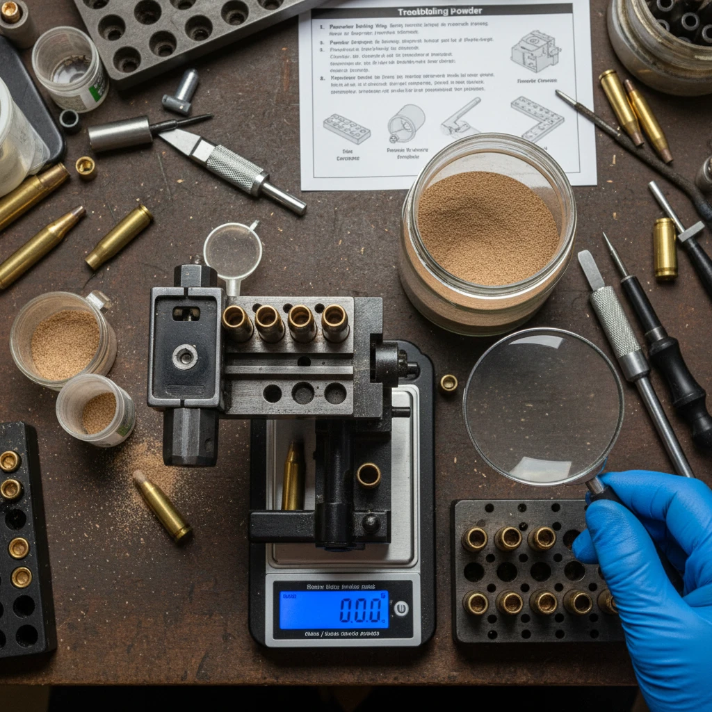 Smokeless Gun Powder: Troubleshooting Common Reloading Issues Professional illustration for article about Smokeless Gun Powder: Troubleshooting Common Reloading Issues