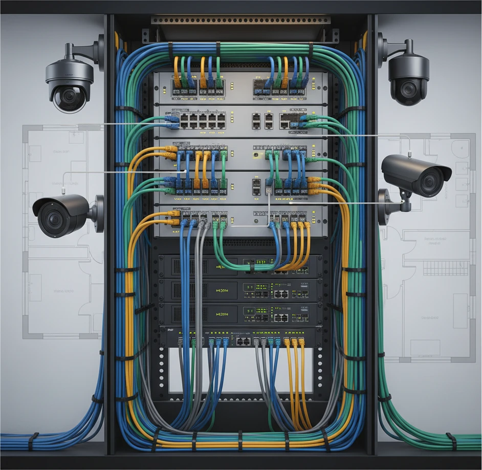 Professional illustration for article about Structured Cabling for Business Security Camera Systems