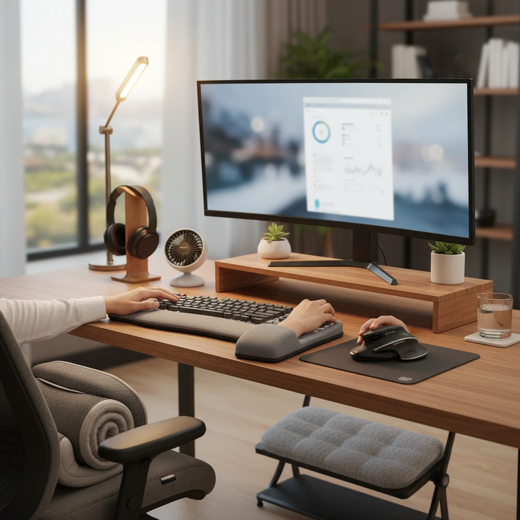 Professional illustration for article about Top accesorii pentru îmbunătățirea confortului la birou