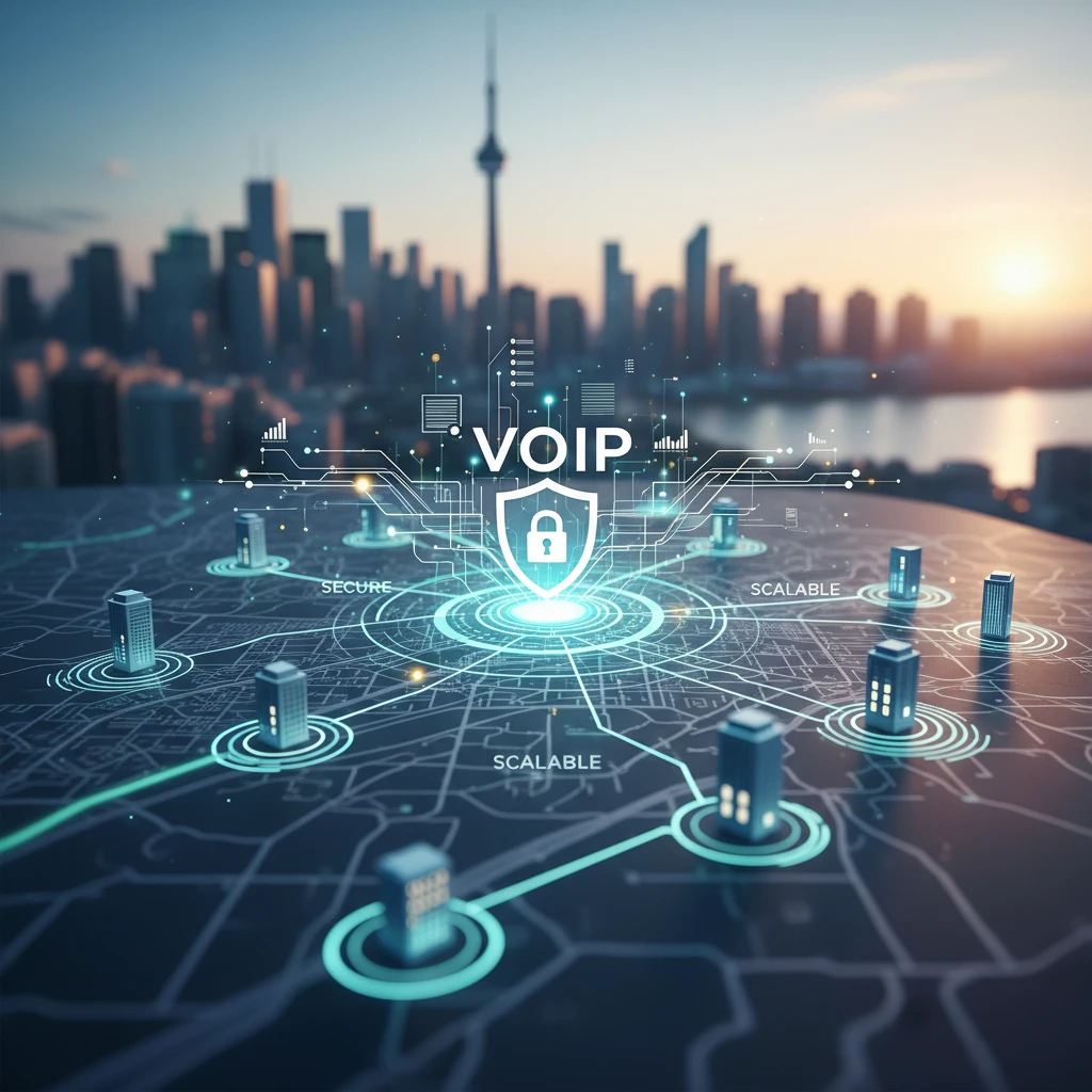 Professional illustration for article about VoIP for SMBs: Secure & Scalable Communication in the GTA