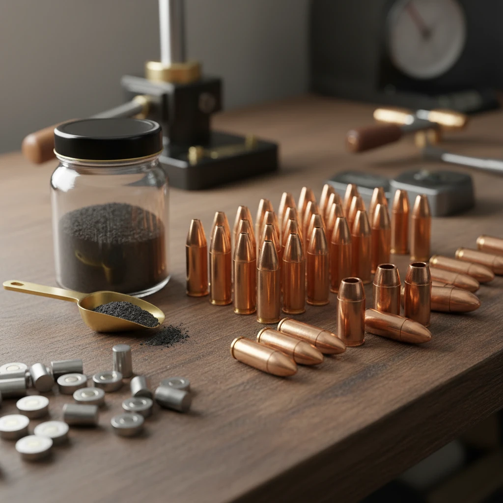 A close-up shot of various reloading components including primers, smokeless powder, and bullets, laid out neatly on a reloading bench.