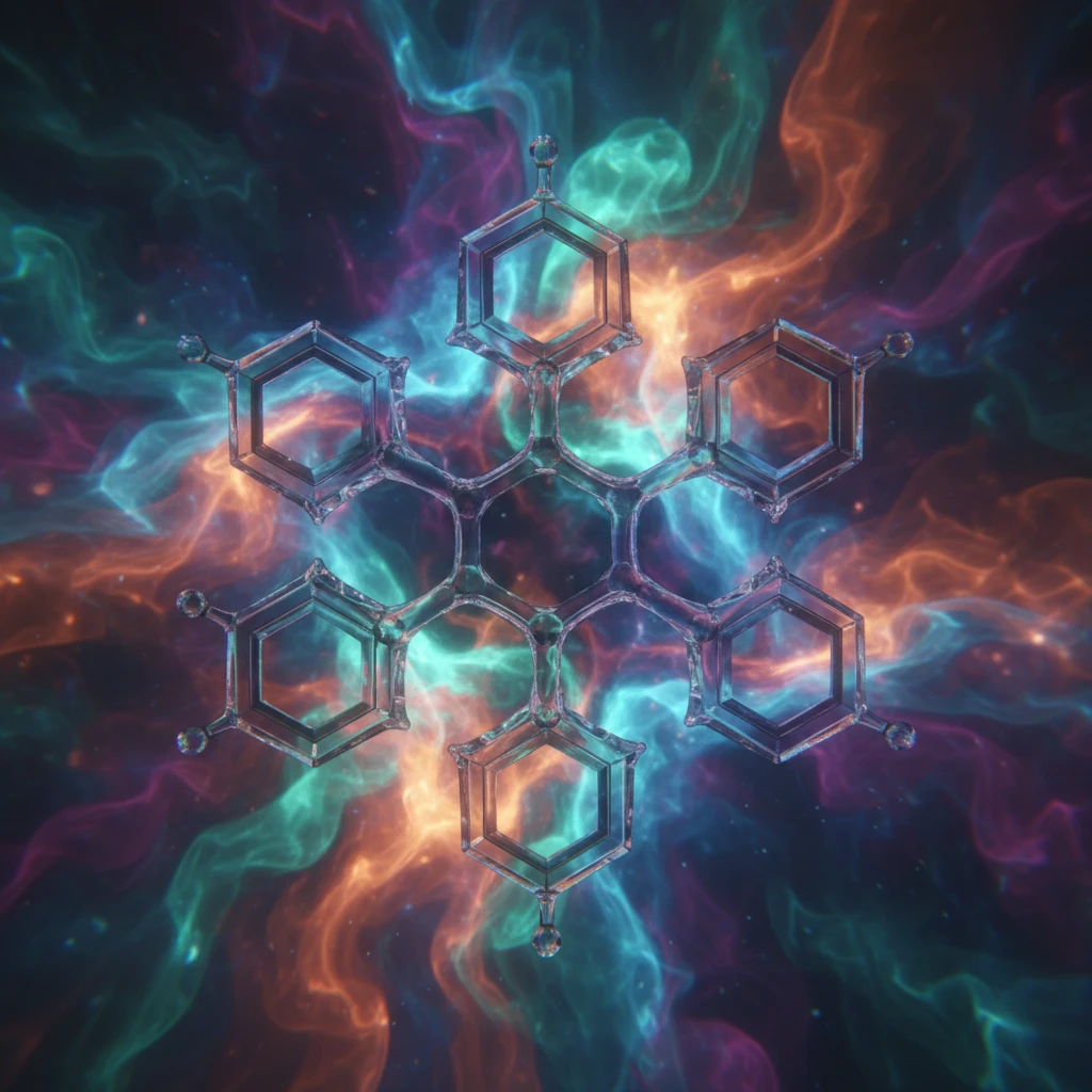 Abstract visual representation of 2C-B molecules with swirling colors and geometric patterns, symbolizing its psychedelic nature.