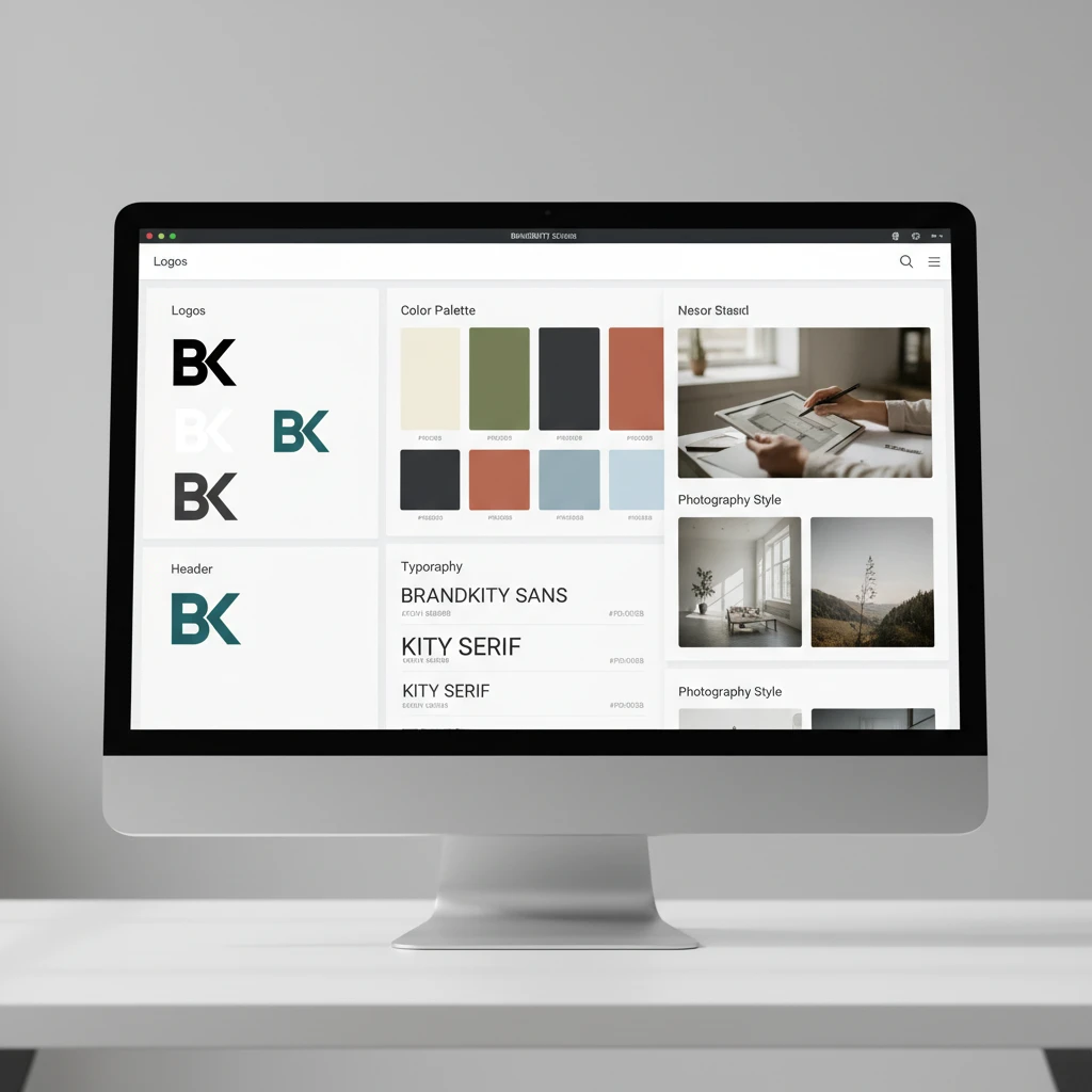 A visually organized collection of brand assets including logos, color swatches, typography examples, and photography style examples, presented cleanly on a digital interface.