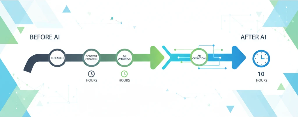 Infographic illustrating a timeline showing a significant reduction in marketing task completion time due to AI adoption for startups.