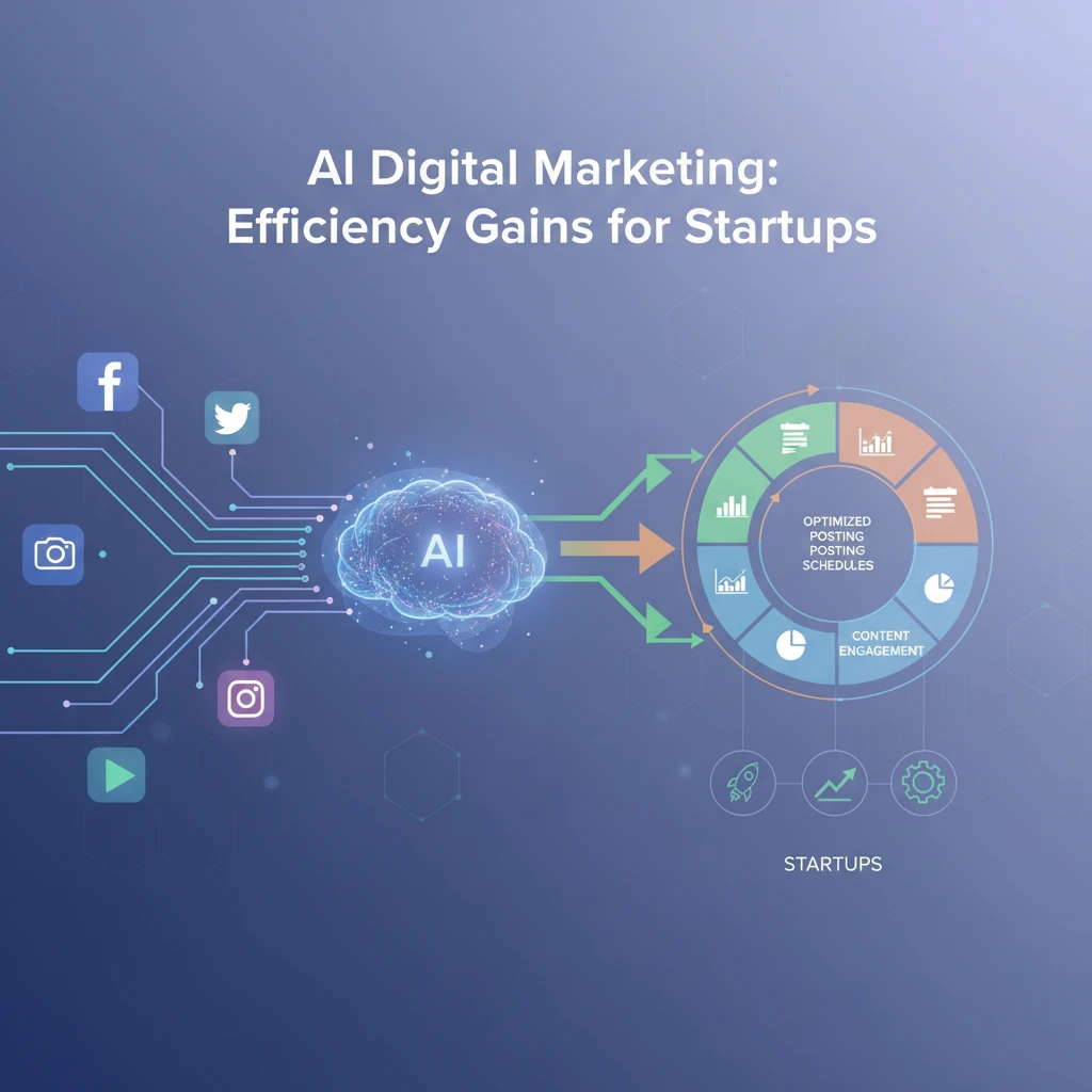 Infographic showing AI analyzing social media data to optimize posting schedules and content engagement for startups.