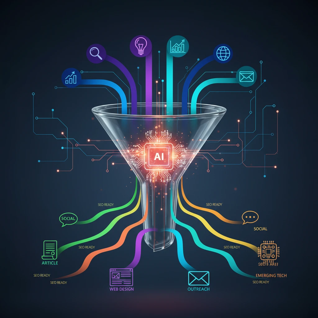 A stylized infographic showing a funnel with data inputs on top, leading to AI processing in the middle, and diverse content outputs at the bottom, representing automated research and ideation.