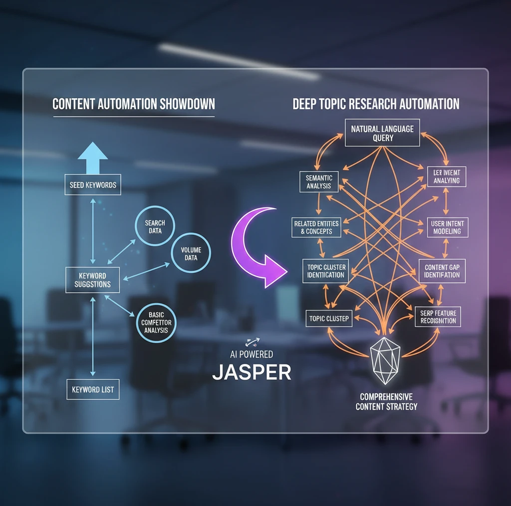 Infographic showing the difference between basic keyword research and deep topic research automation, with arrows illustrating data flow and analysis levels.