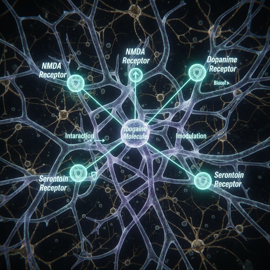 Diagram illustrating the complex neurochemical pathways affected by ibogaine, showing interactions with NMDA, dopamine, and serotonin receptors.