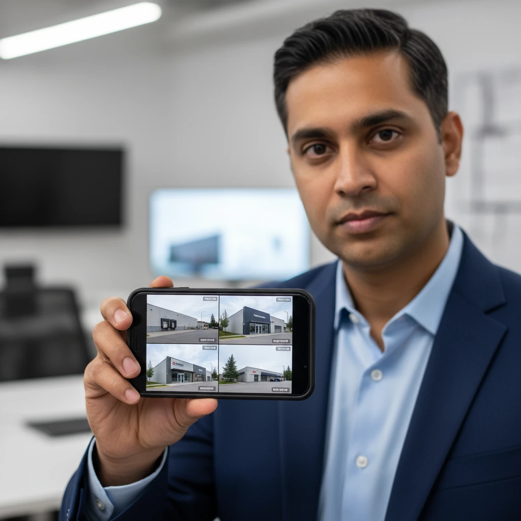 Business owner checking security cameras on a mobile phone, showing live feeds from various locations in Brampton.