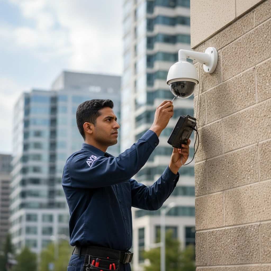 Security camera technician carefully adjusting a professional CCTV camera mounted on an exterior wall of a commercial building in Brampton.