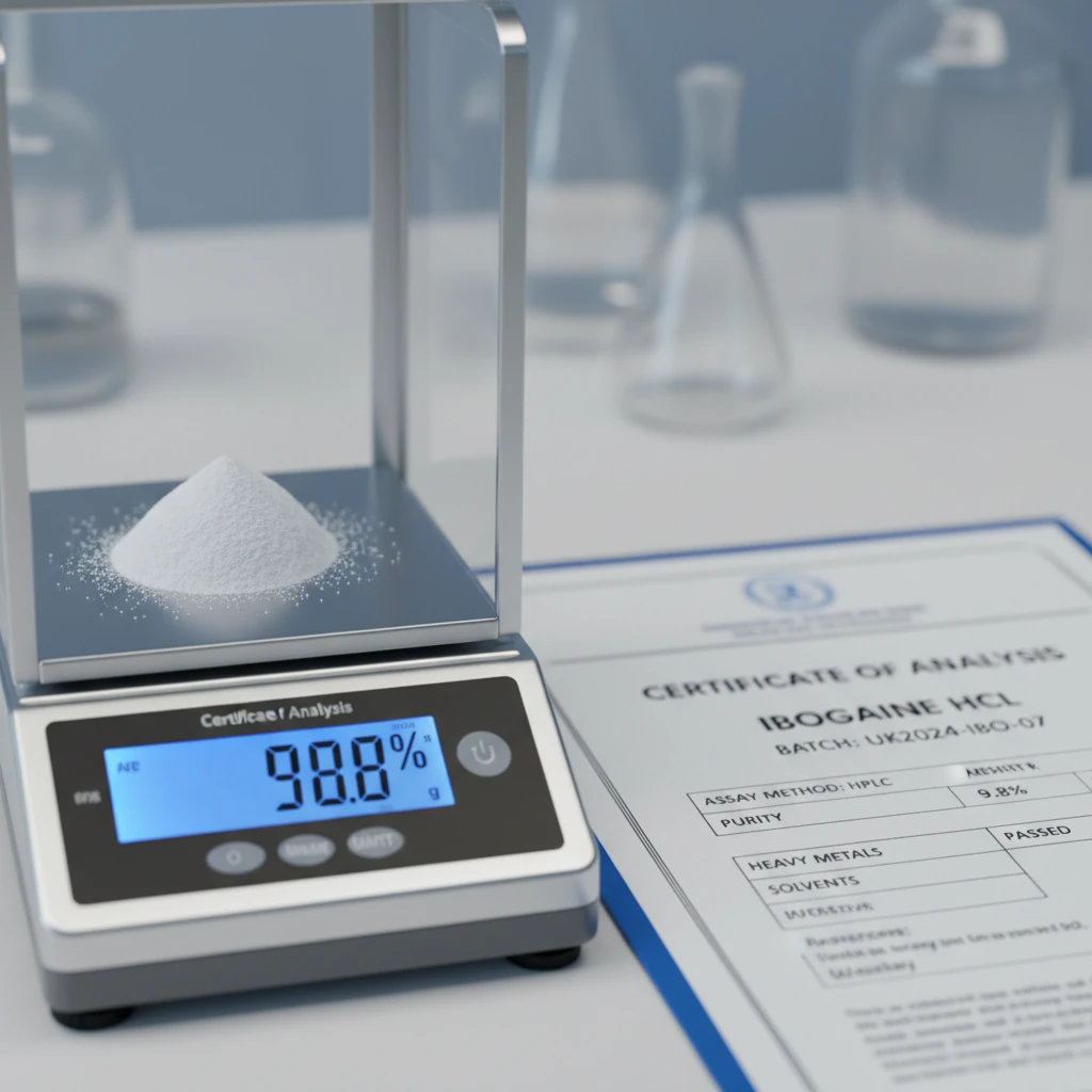 Buy Ibogaine UK: Where to Find Quality Close-up of a laboratory scale weighing white crystalline ibogaine hydrochloride powder next to a certificate of analysis detailing its purity.
