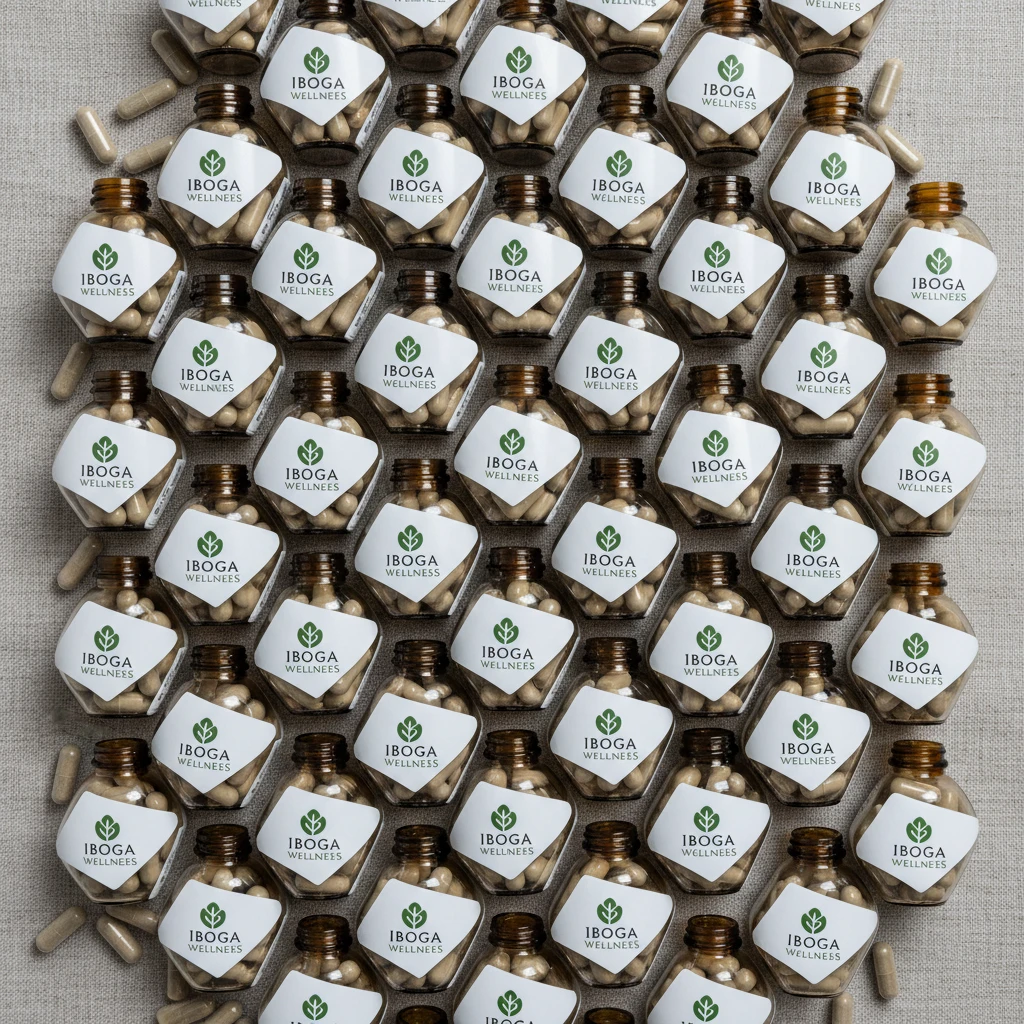 Buy Ibogaine UK: Where to Find Quality Neatly arranged bottles of iboga capsules with minimalist branding, suggesting natural wellness products.
