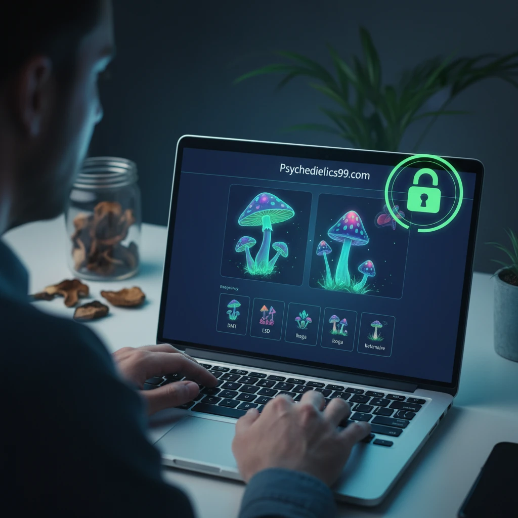 A person using a laptop to browse an online store, with glowing mushroom icons and a padlock symbol overlaid, representing secure online shopping for psychedelic substances.