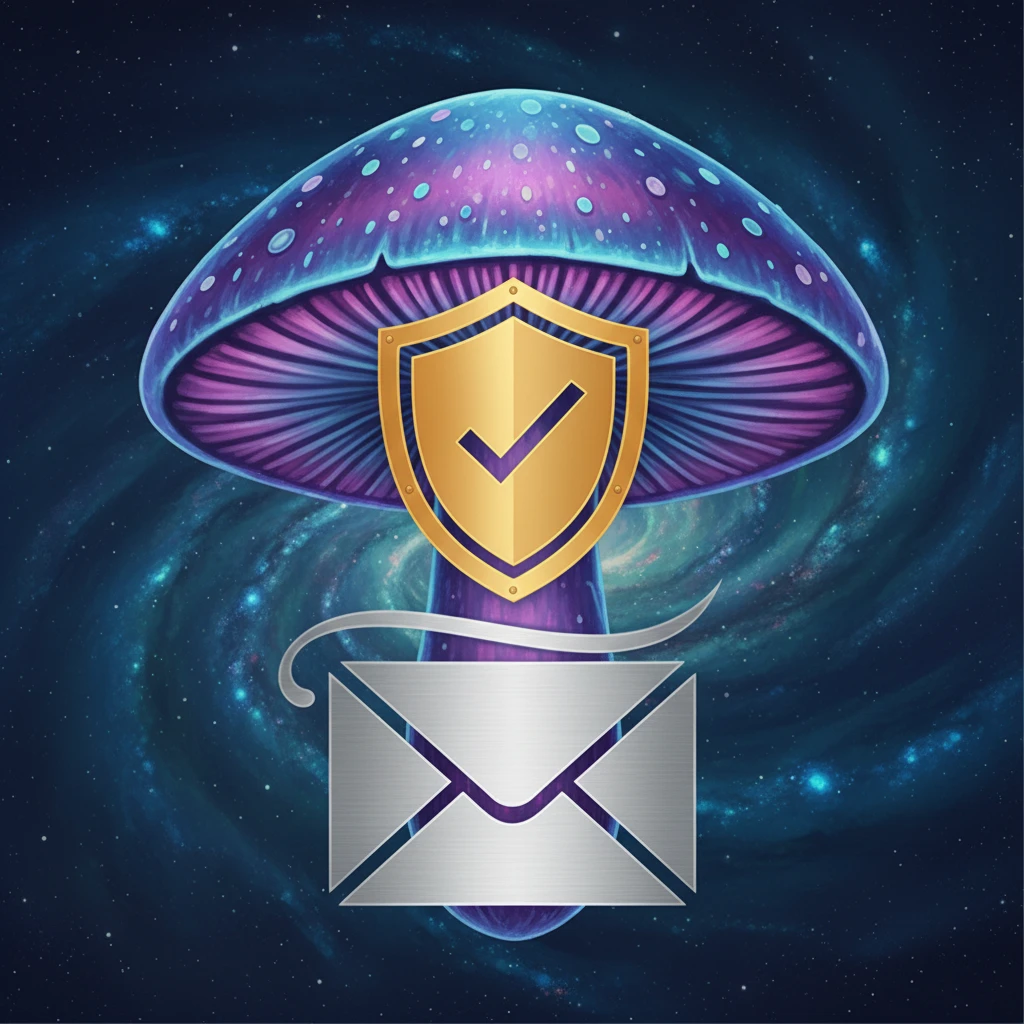 A stylized graphic showing a mushroom with a shield icon, representing quality and security, and a discreet envelope icon, representing privacy in shipping.
