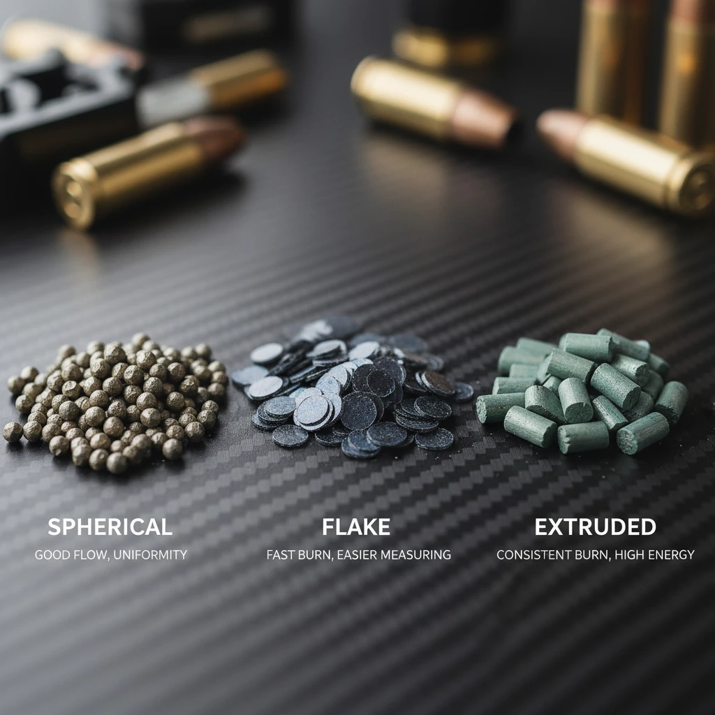 Choose Your Smokeless Gun Powder Wisely A side-by-side comparison showing different grain shapes of smokeless gun powder: spherical, flake, and extruded, with labels indicating their general characteristics.