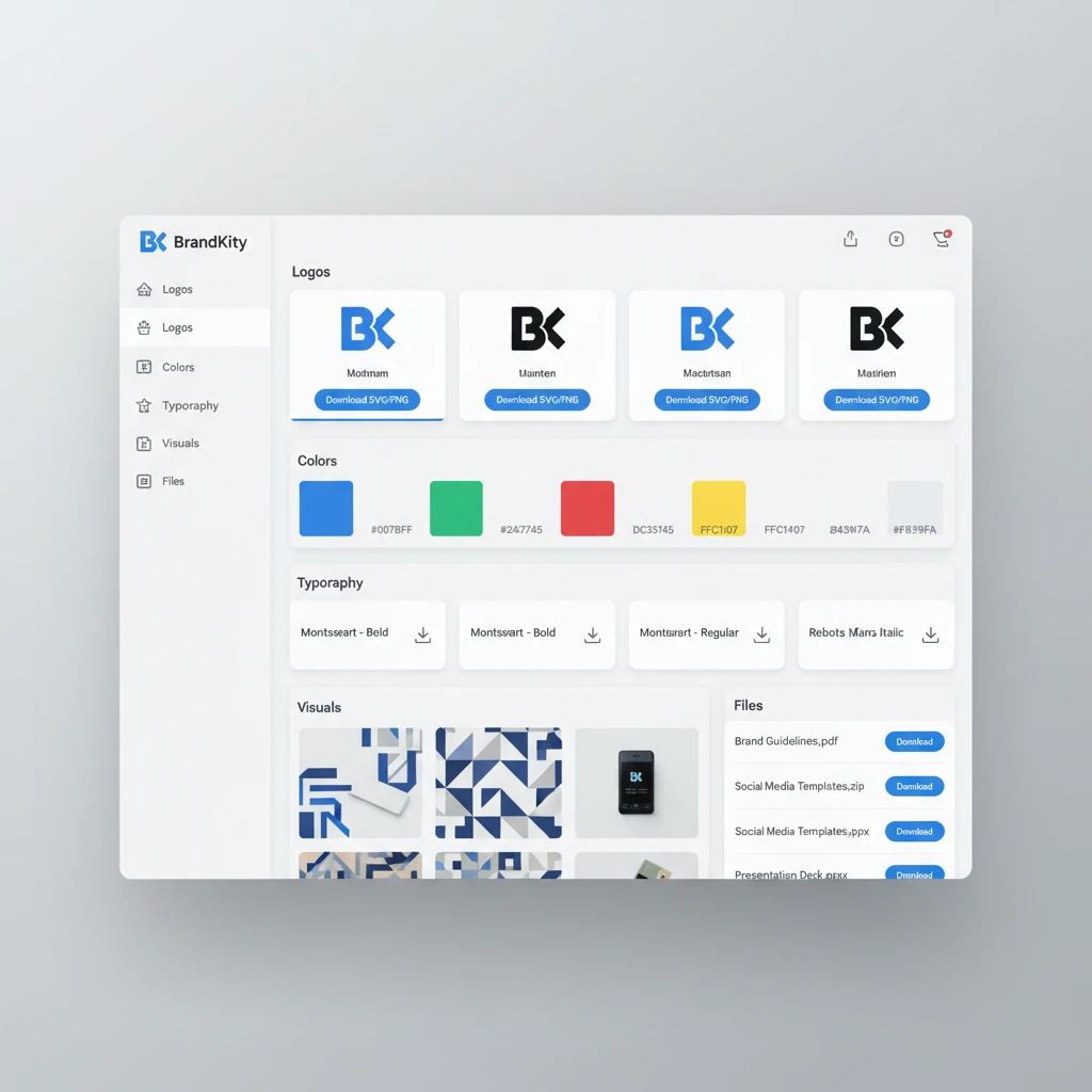 A clean, modern interface displaying organized brand assets like logos, color swatches, and font files, ready for client download.