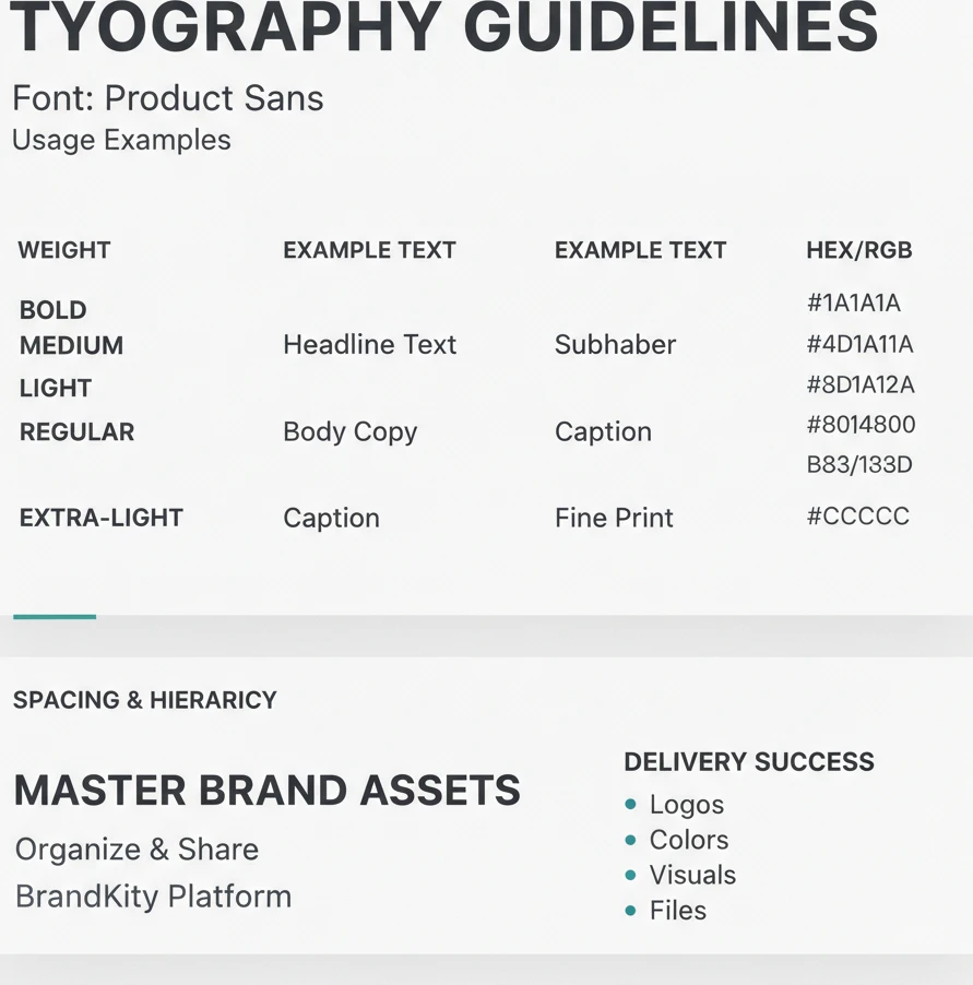 A visual representation of typography guidelines showing font weights and usage examples with clear spacing and hierarchy.