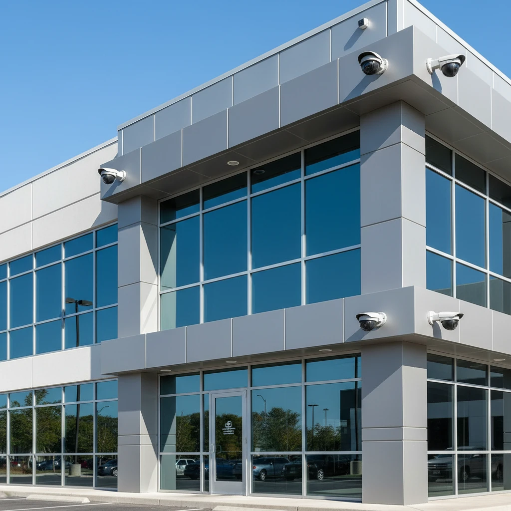 A modern commercial building exterior with several visible, high-resolution CCTV cameras mounted at strategic points. The lighting suggests daytime surveillance.