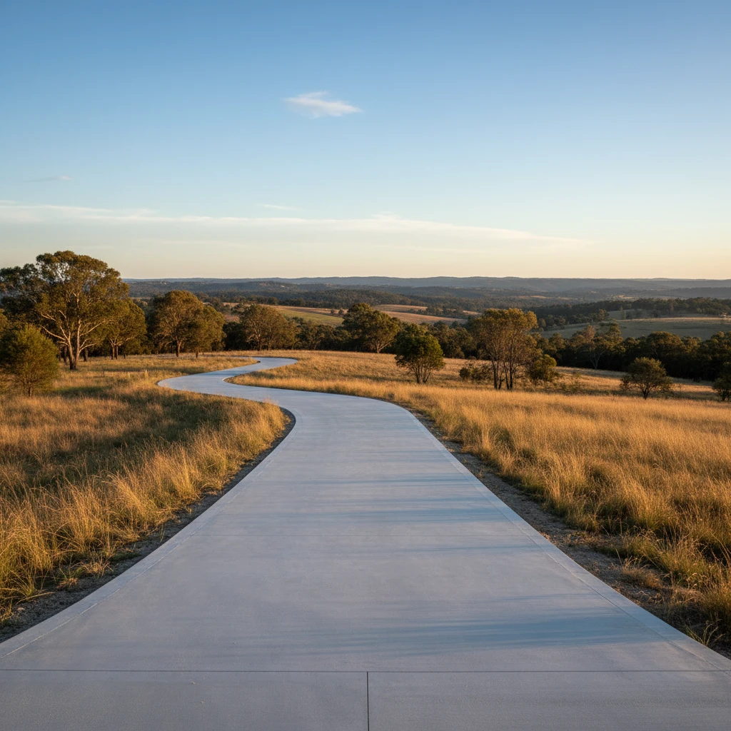 A newly poured concrete driveway winding up a gentle slope, with the edges neatly formed and a smooth, uniform finish, demonstrating expert craftsmanship on uneven terrain in the Central West.