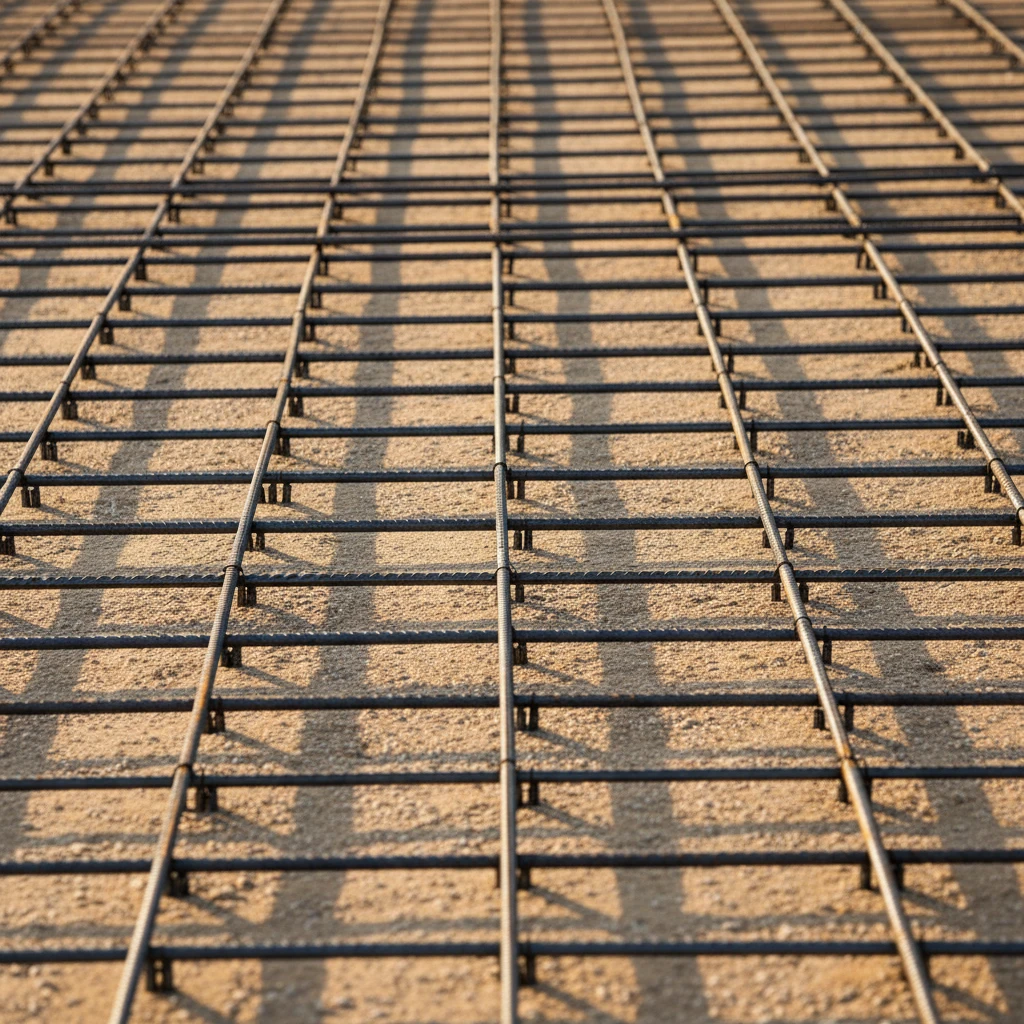 Close-up view of steel rebar laid out on a prepared sub-base, ready for a concrete driveway pour, highlighting the structural reinforcement crucial for durability.