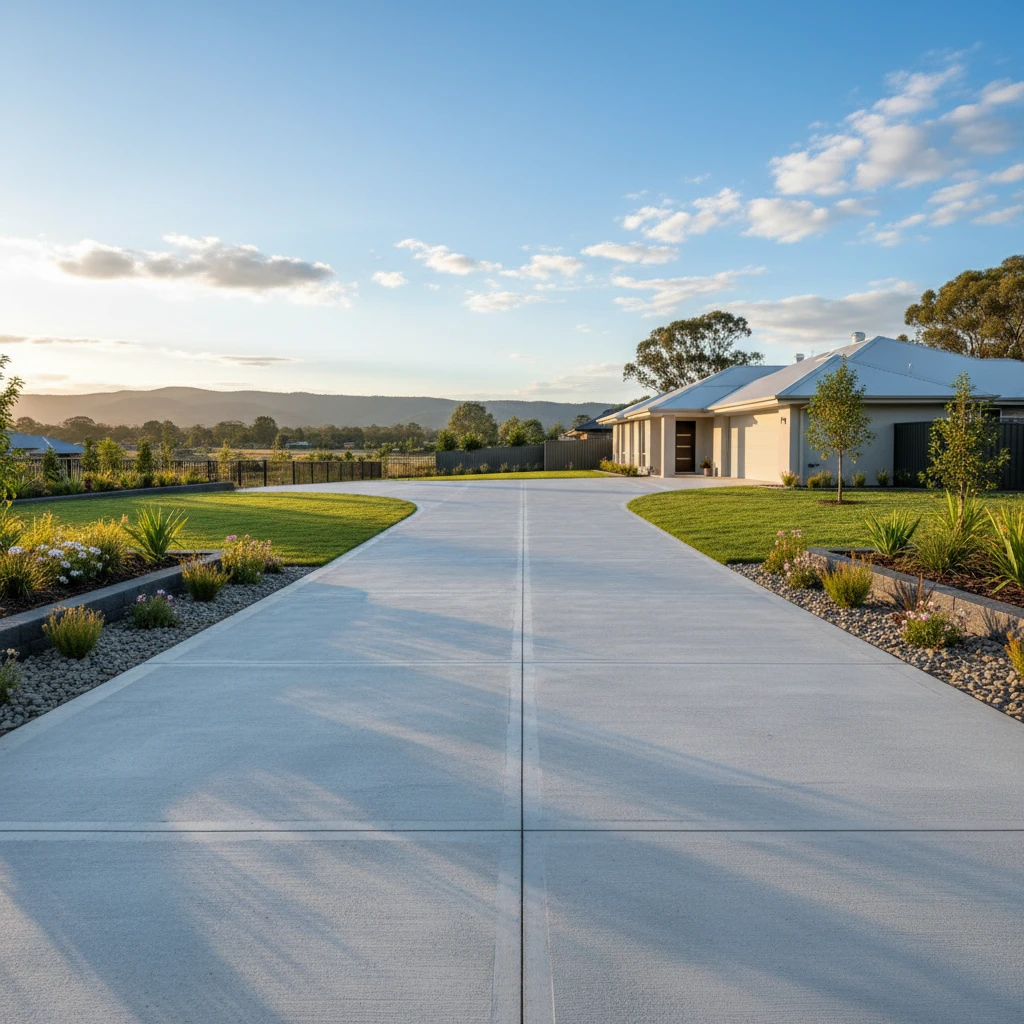 A newly poured, smooth concrete driveway in Penrith, showcasing clean lines and a professional finish, bordered by neat garden beds.