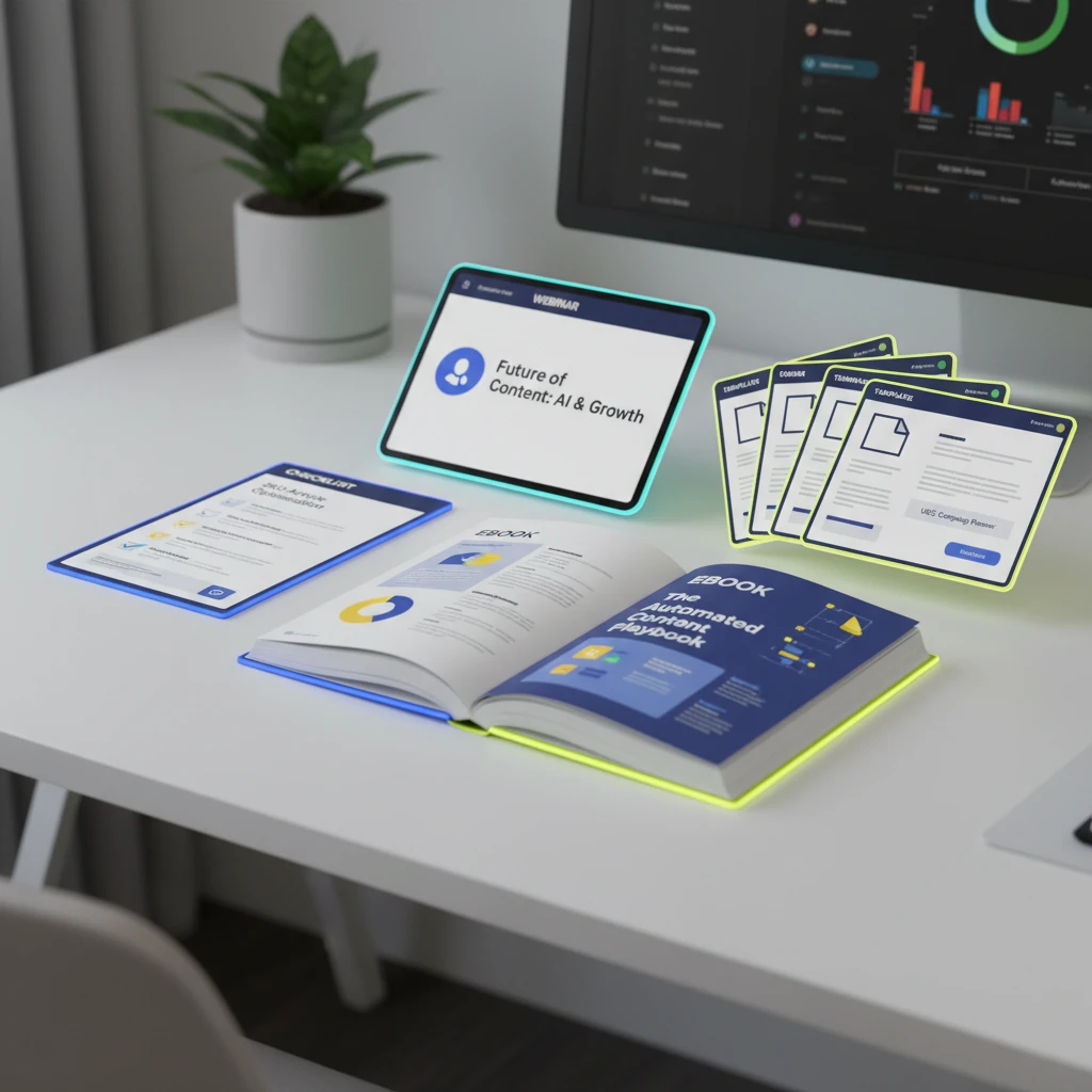 Illustration of various lead magnet formats like ebooks, checklists, templates, and webinars, presented in a modern, clean design with vibrant accent colors.