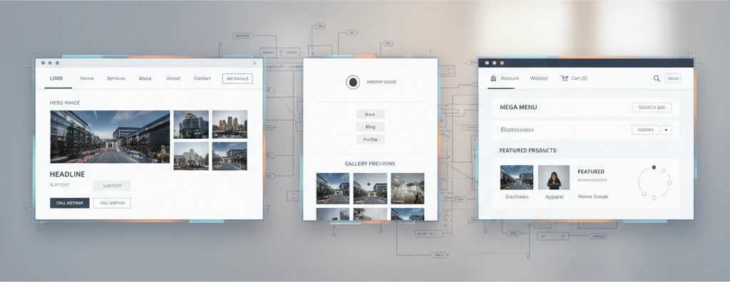 Illustration showing three different header layouts assembled from pre-designed blocks, showcasing variety for different website types.