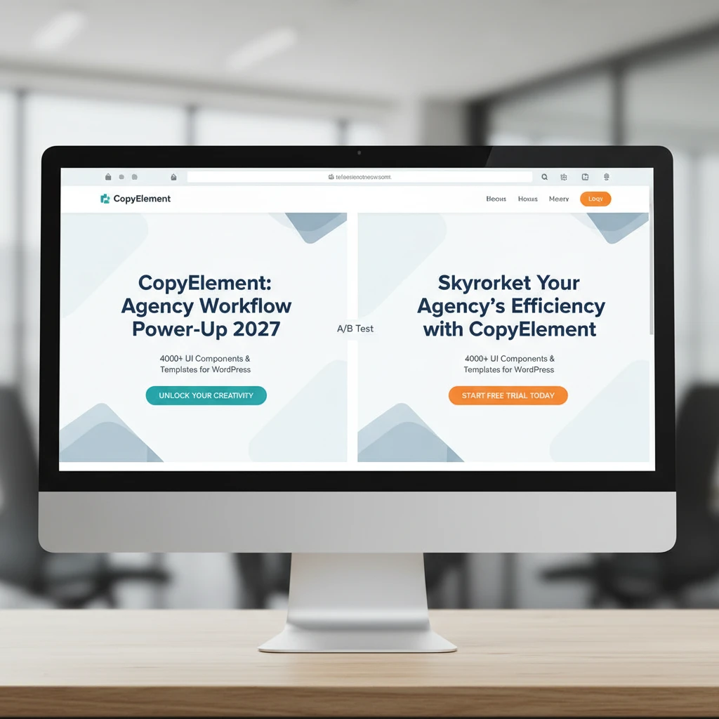 Mockup of a landing page split into two versions for A/B testing, highlighting variations in the headline and call-to-action button.
