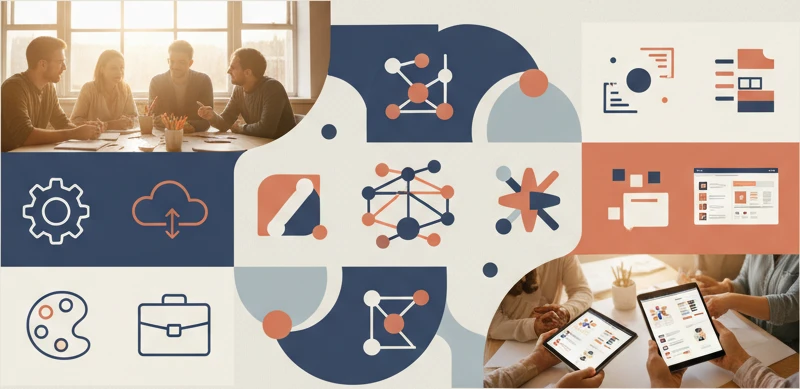 A collage of diverse visual assets, including photography with warm tones, minimalist icons, and flat illustrations, all unified by a consistent color palette and style.