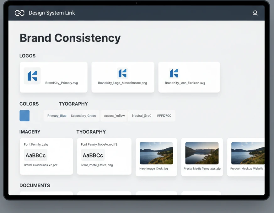 A screenshot of a well-organized digital platform interface displaying a clear hierarchy of brand assets with logical categories and visible file names.