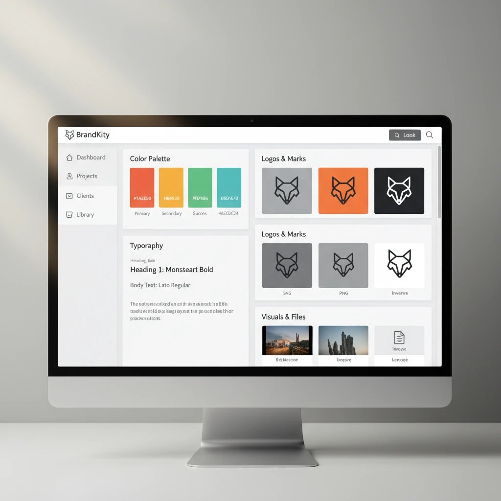 A clean, digital interface displaying organized brand assets, including color swatches, font samples, and various logo versions.